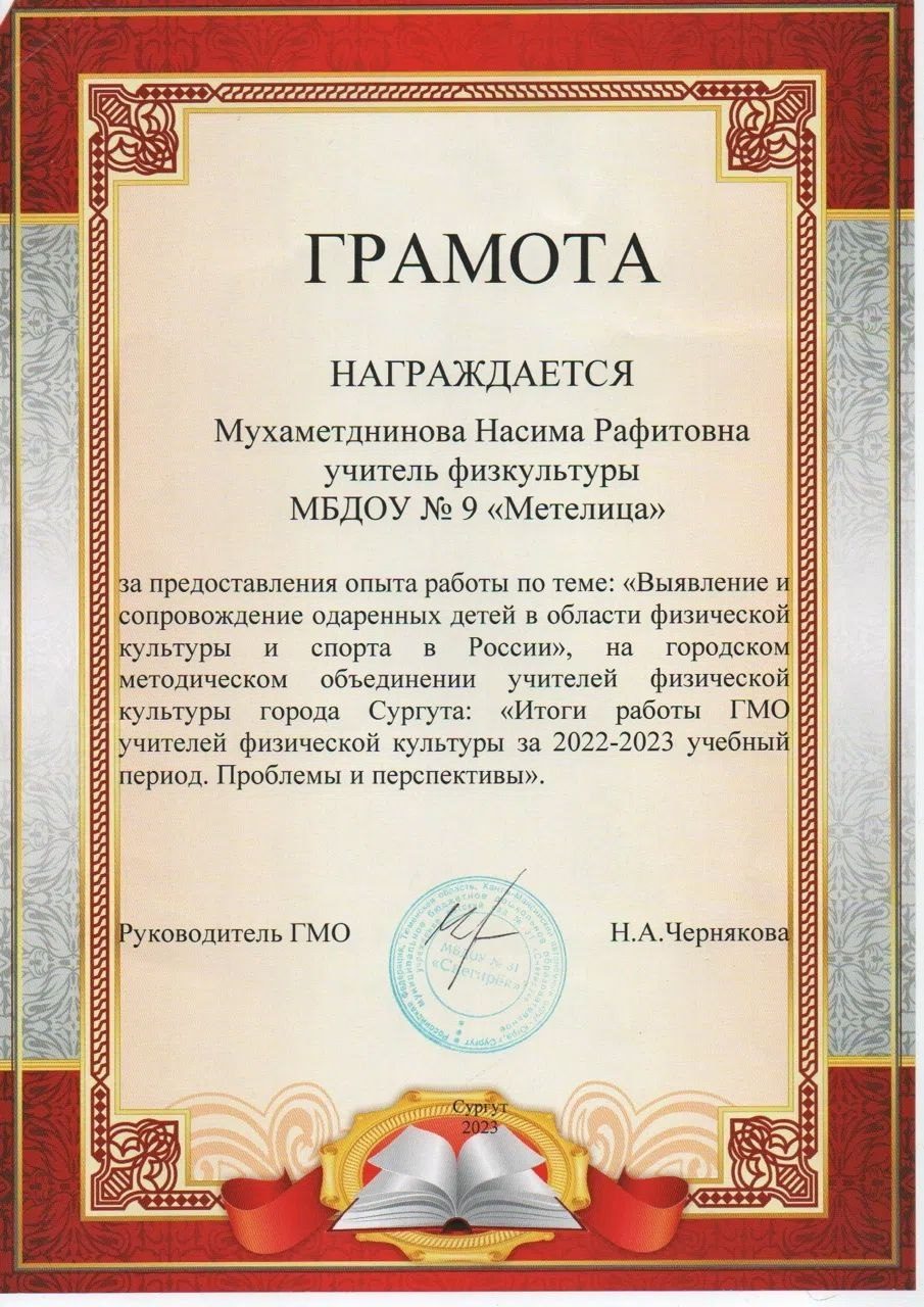 Грамота городского методобъединения учителей физкультуры, 2023